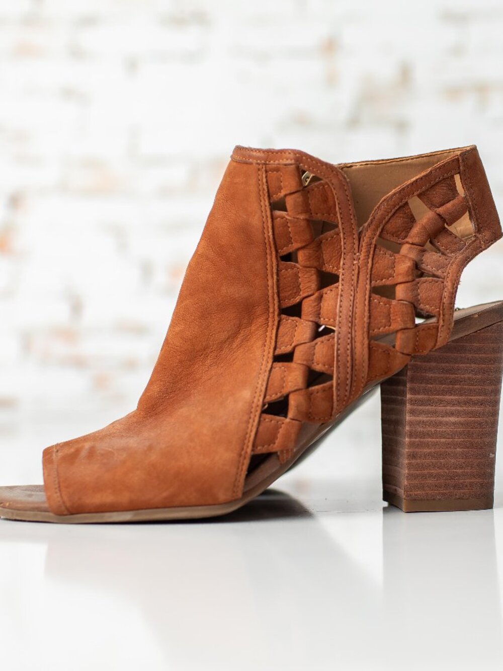 Franco Sarto Marty Leather Peep Toe Block Heel Booties Brown Women's 8 M